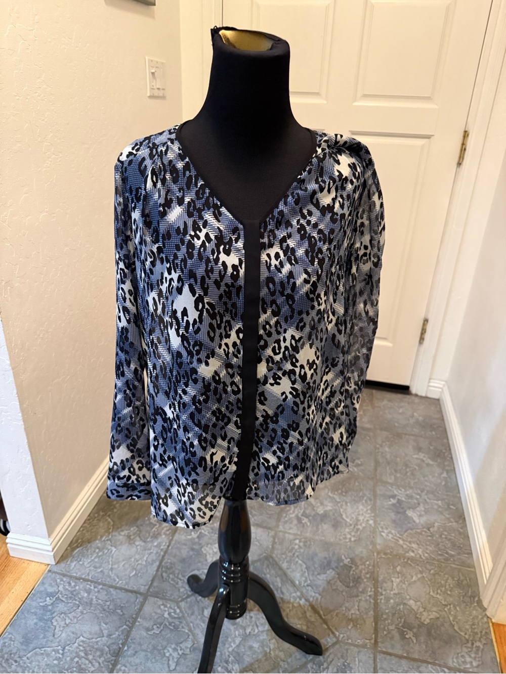CAbi Blue and Black Leopard Print Blouse